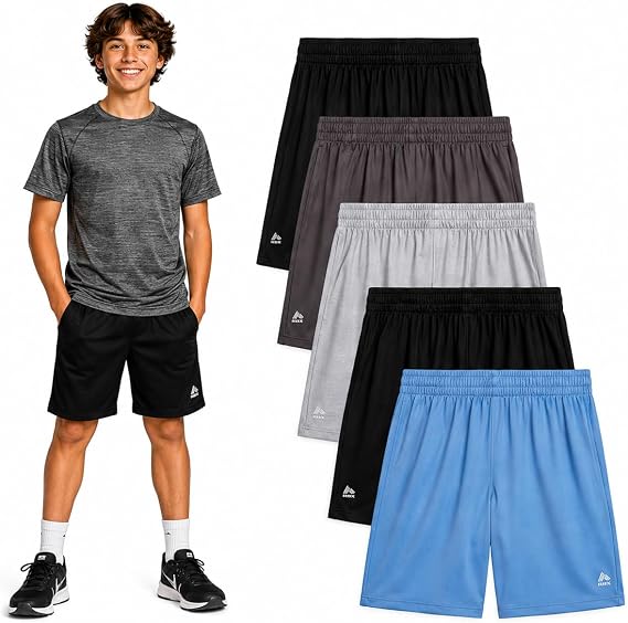 RBX Boys 5 Pack Mesh Basketball Shorts with Pockets, Running, Sports, Gym