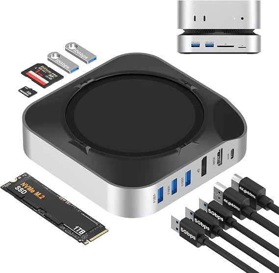 Mac mini M4 Dock with NVMe SSD Enclosure, Docking Station Dual Monitor for Mac mini M4/M4 Pro, 6-Port USB-C Hub with 4K60Hz HDMI, DisplayPort, SD/TF Card Reader, 10Gbps USB-A