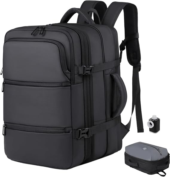 Vacuum Backpack Travel Bag with Pump, Easyjet Cabin Bag 45x36x20 Large Hand Luggage, 50L Black Backpacks with Laptop Compartment, Personalised Carry On Bag for Women Men Air Compression Backpack
