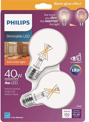 Philips 536557 LED Dimmable G25 Clear X-Filament Glass Light Bulb with Warm Glow Effect: 350-Lumens, 2700-Kelvin, 4 40-Watt Equivalent, Soft White, E26 Medium Screw Base, 8 Pack, Piece