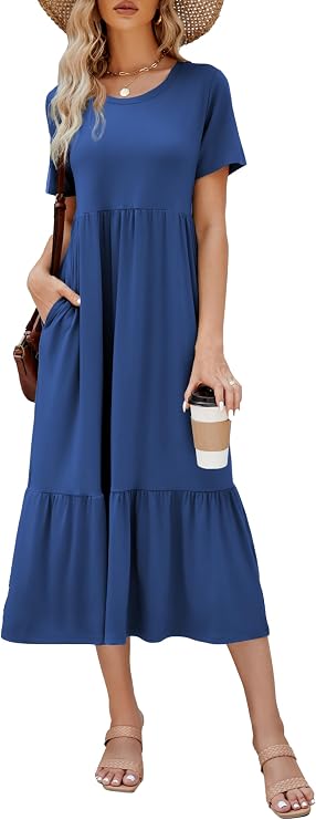 Summer Dresses for Women Flowy Maxi Sundress Short Sleeve Tiered Beach Dress with Pockets 2026 Vacation Travel