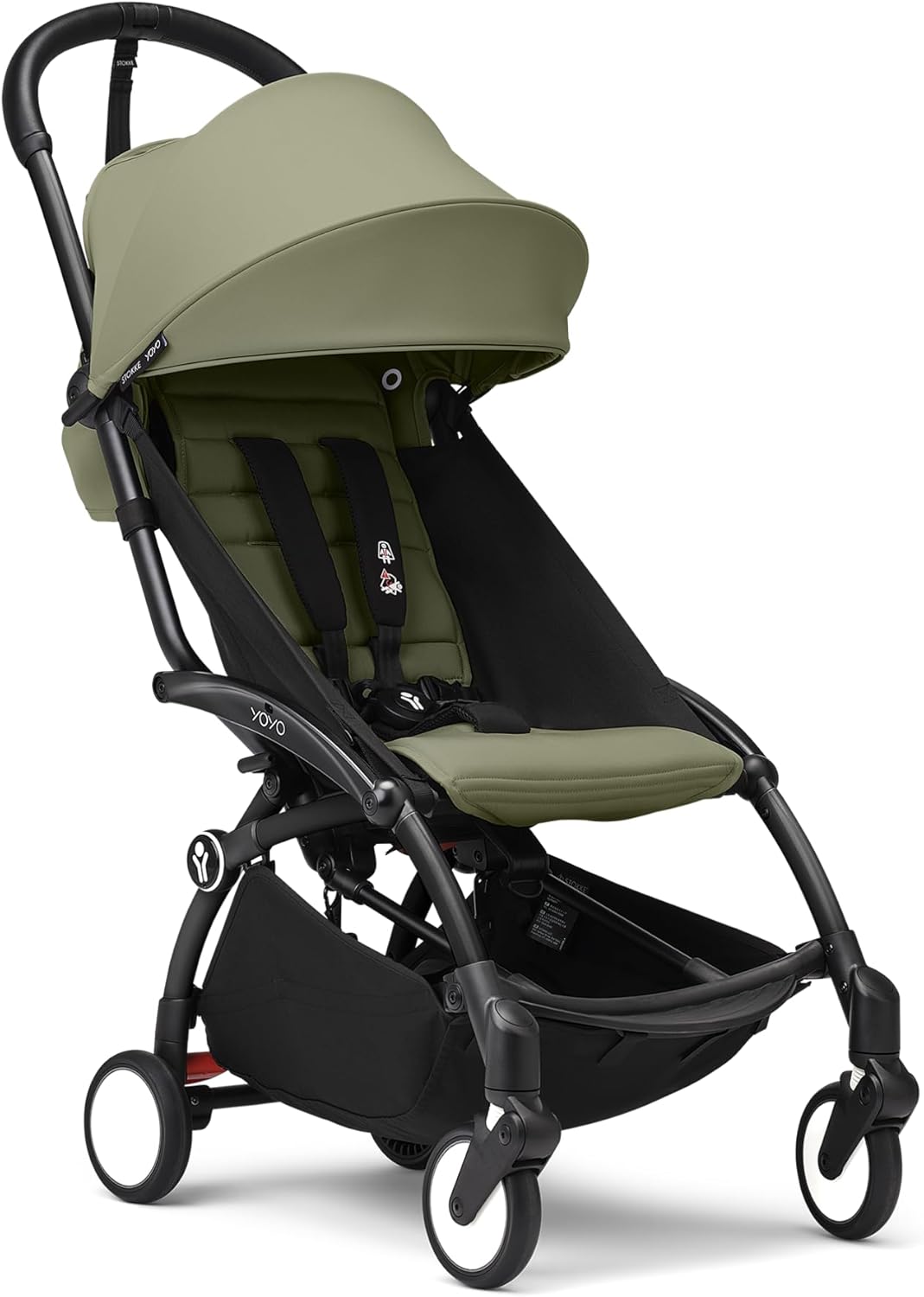 Stokke YOYO3 Stroller from 6 Months - Includes Black FrameOlive Seat Cushion  Canopy - Folds in & Out in a Flash - Light & Compact - Carry-On Compatible