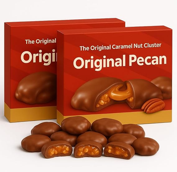 Milk Chocolate Pecan Caramel Nut Cluster Two (4.6 oz) Boxes | Crisp premium pecans & creamy caramel | Luscious milk chocolate | Perfect for Holidays, Birthdays Gift Snack | Gooey, Nutty Chocolate