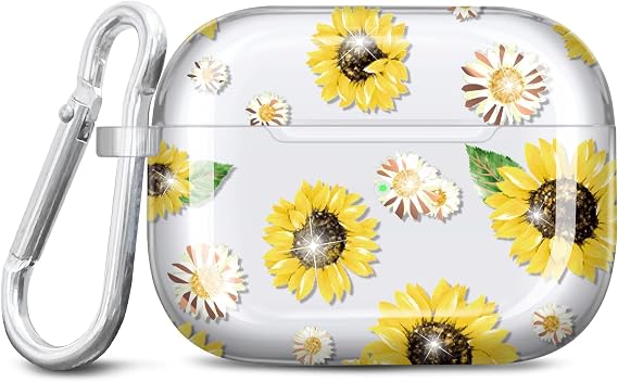 JAHOLAN for Airpods Pro 2nd Generation Case Cover Gold Glitter Flower Design Protective TPU Skin for Women Girl with Keychain Compatible with AirPods Pro 2019/Pro 2 Gen 2022, Sunflower