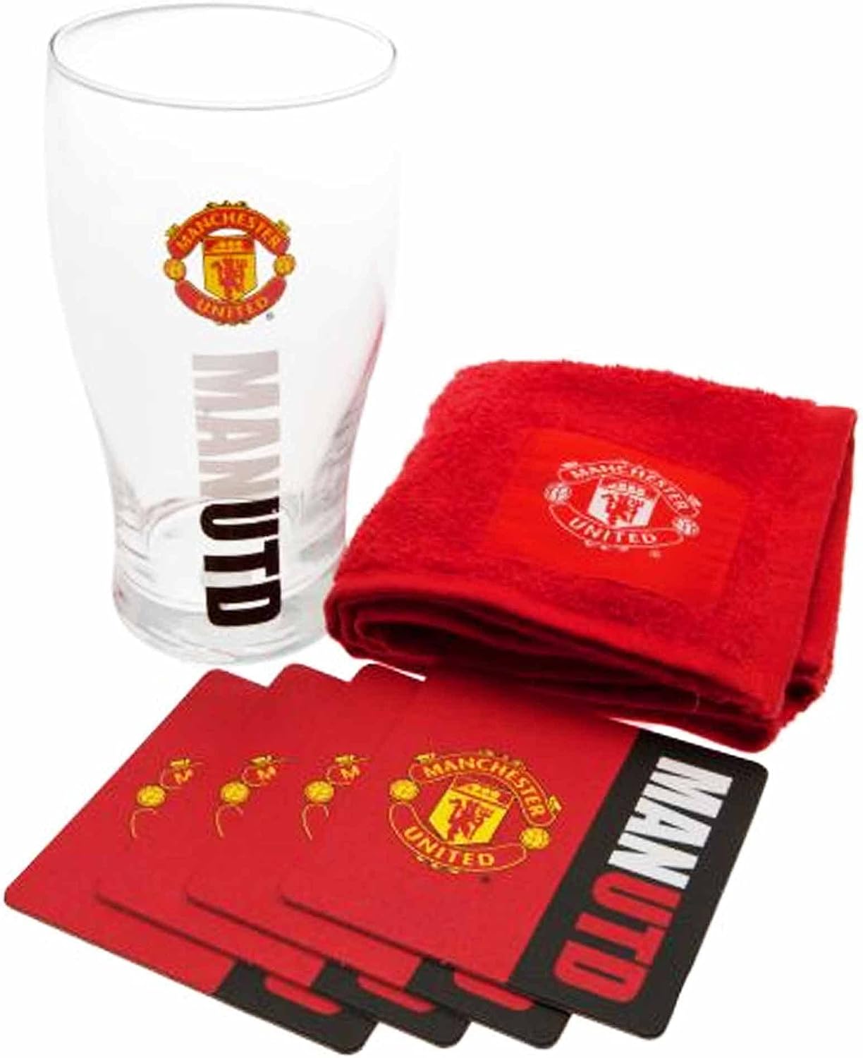 Official Manchester Utd Mini Bar Set Pint Glass, Bar Towel & Coasters