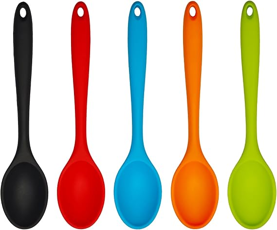 5 Pcs Small Silicone Spoons, 8 Inch Heat Resistant & Non-Stick Kitchen Spatula Set for Cooking, Baking, Stirring Mixing (Black, Red, Green, Orange, Blue)