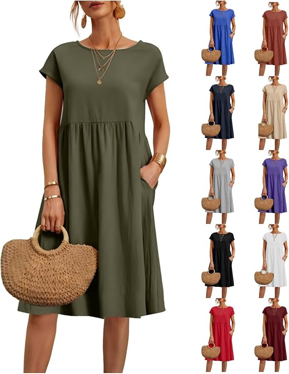 Generic Dresses for Women Summer Plus Size Linen Short Sleeve Midi Dress Casual 2024 Beach Vacation Sundress with Pockets