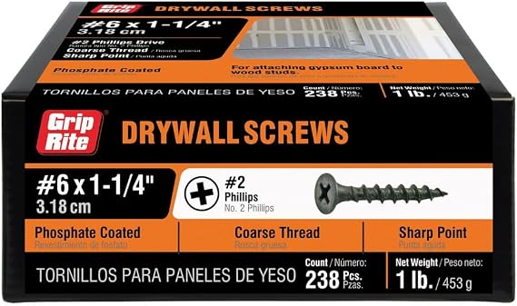 Grip-Rite Coarse Thread Drywall Screws - #2 Phillips Bugle Head - Sharp Point - for Attaching Drywall to Wood Studs - Phosphate Coated - 1 Lb Box - #6 X 1-1/4" Drywall Screws - 114CDWS1