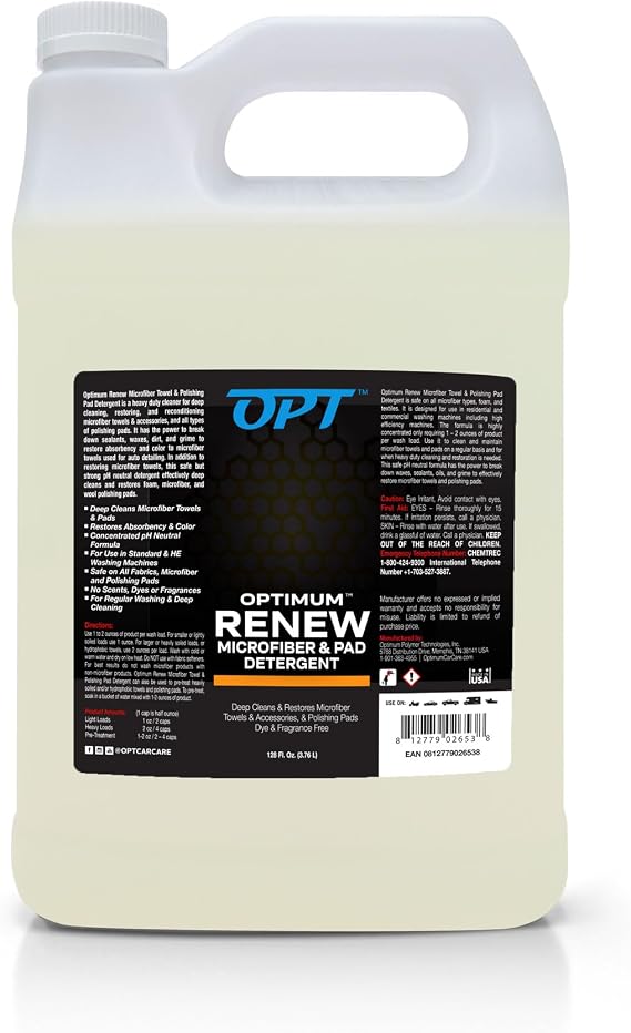 Optimum Renew Microfiber and Pad Detergent - Deep Cleans and Restores Microfiber Towels and Accessories and Polishing Pads, Dye and Fragrance Free (1 Gallon)