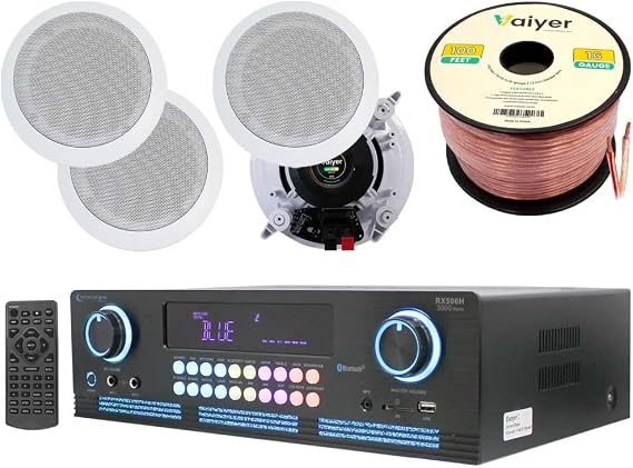 Technical Pro Home Theater System Kit 2000 Watts Bluetooth Amplifier Receiver with 4 Qty 6.5" 200 Watts in-Wall in-Ceiling Speaker and 16 Gauge 100 ft Speaker Wire