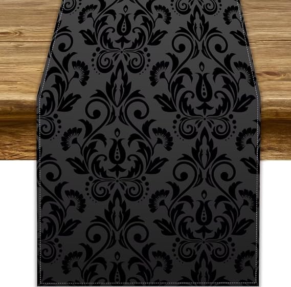 Black Damask Table Runner, Antique Victorian Style Gothic Vintage Black Floral Bohemian Exotic Table Runner for Home Kitchen Dining Table Party Holiday Decor, 13x108inch