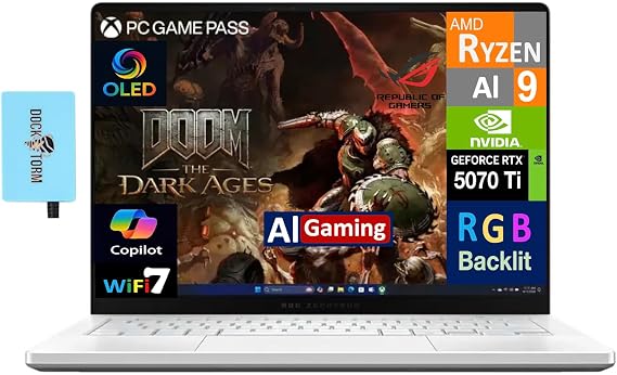 ASUS ROG Zephyrus Gaming Laptop 14.0" 120Hz OLED 2.8K Display (AMD Ryzen AI 9 HX 370, GeForce RTX 5070 Ti 12GB, 32GB LPDDR5X, 2TB PCIe SSD, RGB KB, Win 11 Pro) with Dockztorm Hub