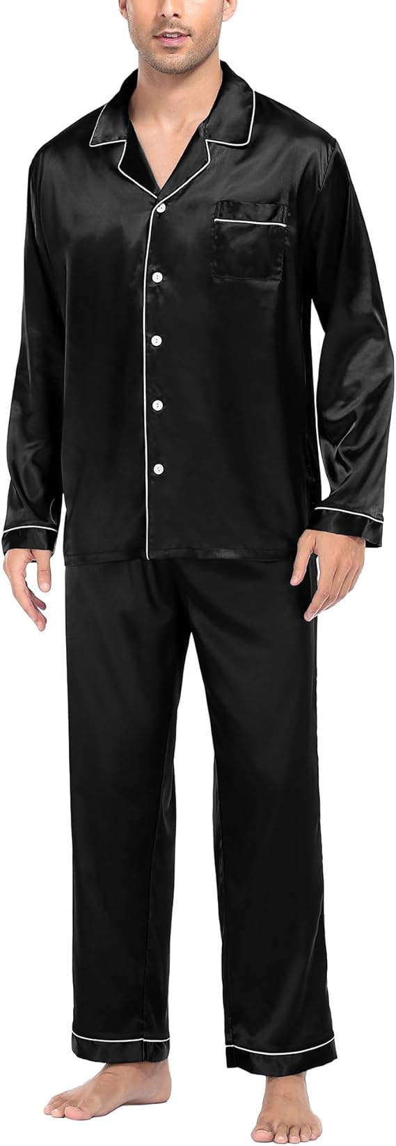 SWOMOG Mens Silk Satin Pajamas Set Long Sleeve Sleepwear Button-Down Pj Two-piece Loungewear with Long Pants S-XXL
