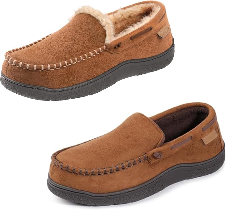 Zigzagger Set of 2 Pairs of Men's Moccasin Slippers, Size12,Camel&Tan