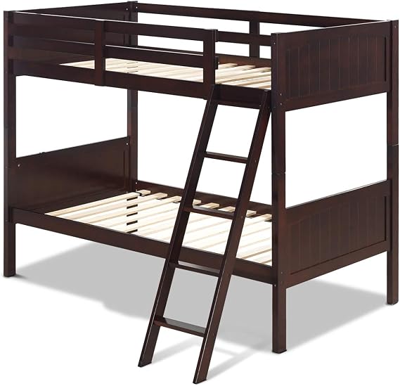 Casart Wooden Bunk Bed, Twin Over Beds with Ladder and Safety Rail, Convertible 2 Individual Twin Beds, Perfect for Kids (Espresso)