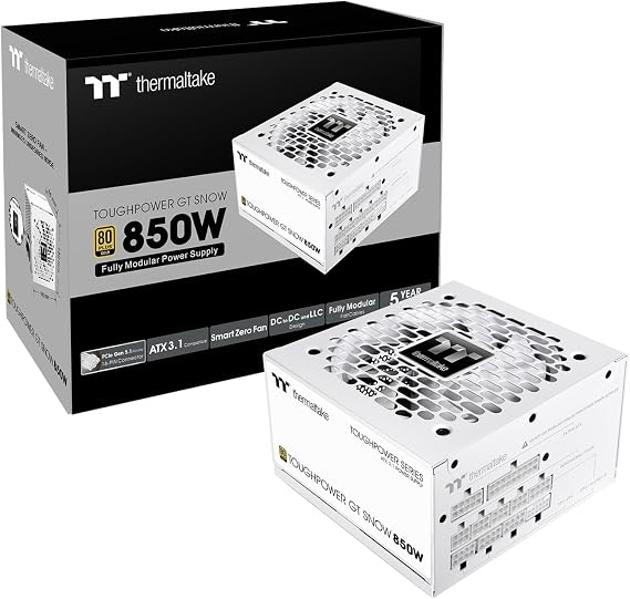Thermaltake Toughpower GT 850W Snow ATX 3.1 Power Supply; 80 Plus Gold Efficiency; Smart Zero Fan; Native 600W PCIe 5.1 Connector; PS-TPT-0850FNFAGU-W;