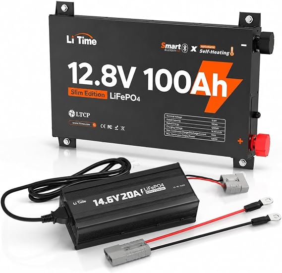 Litime 12V 100Ah Slim Self-Heating LiFePO4 Battery & 12V 20A AC-DC Charger