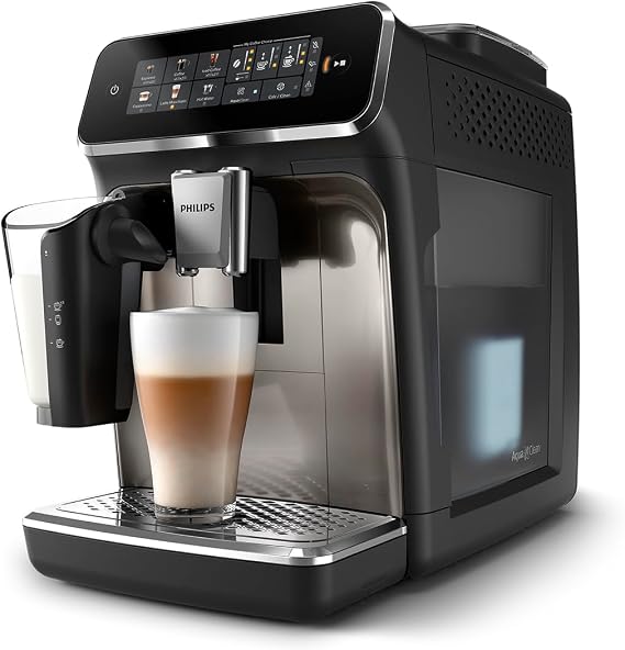 PHILIPS 3300 Series Fully Automatic Espresso Machine - LatteGo Milk System, 5 Coffee Varieties, Intuitive Touch Display, SilentBrew, 100% Ceramic Grinder, AquaClean Filter, Glossy Black (EP3347/90) | LatteGo milking system, Fastest to clean - 40% Quieter - Ceramic Grinder - Fully automatic - Black, Chrome (EP3347/90)