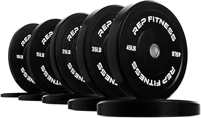 REP Fitness Rubber Bumper Plates, 5Lb to 370 lb Set Pairs, Olympic Standard Weights, Shock Absorbing Low Bounce Design, For Home Gyms, Fitness Centers, Strength Workouts, Barbell Use