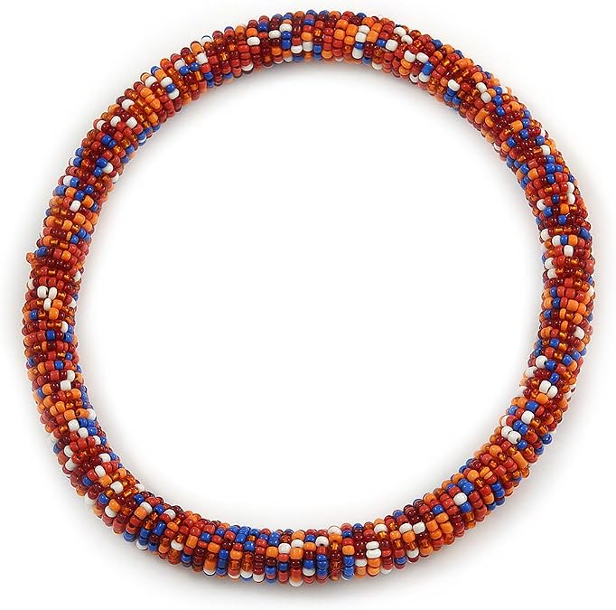 Avalaya Statement Chunky Orange/Blue/Coral/White Beaded Stretch Choker Necklace - 44cm L