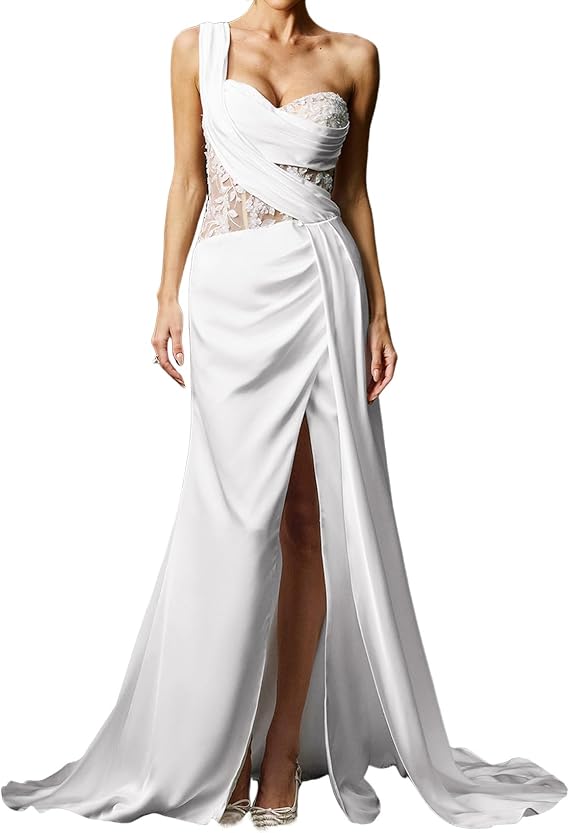BELLA BARNETT Gorgeous White Satin One Shoulder Front Slit Wedding Guest Dress