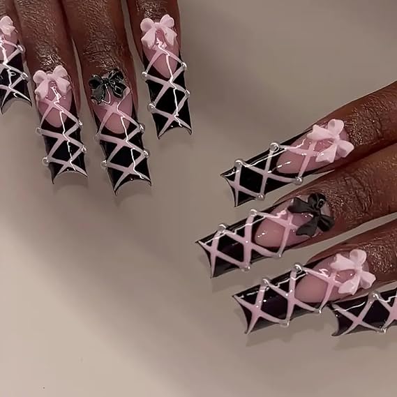 Press on Nails Coffin Long Length Acrylic Glossy Full Cover Square Shaped French False Nails with Designs Artificial Extra Long Fake Nails with Charms Glue ons Fingernails for Women(XXS285)