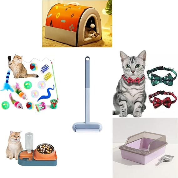 Kitten Cat Starter Kits, 18 PCS Starter Package, Save Your time to Searching, Food Feeder and Water Bowls, Litter Boxes,cat House, cat Bed .cat Toys, Fur Remover Roller