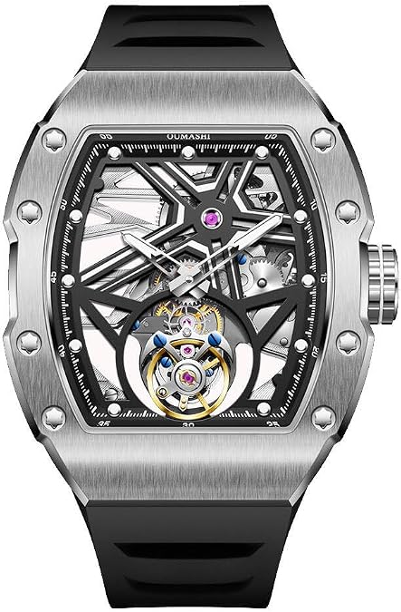 Men Genuine Tourbillon Movement Skeleton Dial Mechanical Hand Wind Wrist Watch Sapphire Crystal Vintage Stainless Steel Waterproof Clock Man Luminous Rubber Strap Wristwatch