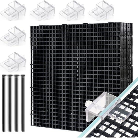 LINLAN Fish Tank Anti-Jump Set, Aquarium Lid, 8 Pieces 11.8x11.8in/30x30cm Plastic Grid with 6 Brackets and 20 Cable Ties, Cover for Rimless Aquarium(Black)