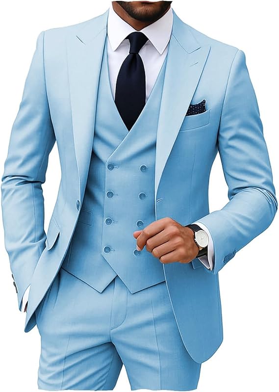 MoranX Men's Suits Regular Fit 3 Pieces Double Breasted Formal Business Tuxedos Blazer Vest Pants for Wedding Grooms