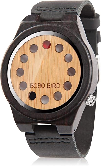 BOBO BIRD Men's Bamboo Wooden Watch with Black Cowhide Leather Strap 12 Holes Timer Design Sports Casual Watches