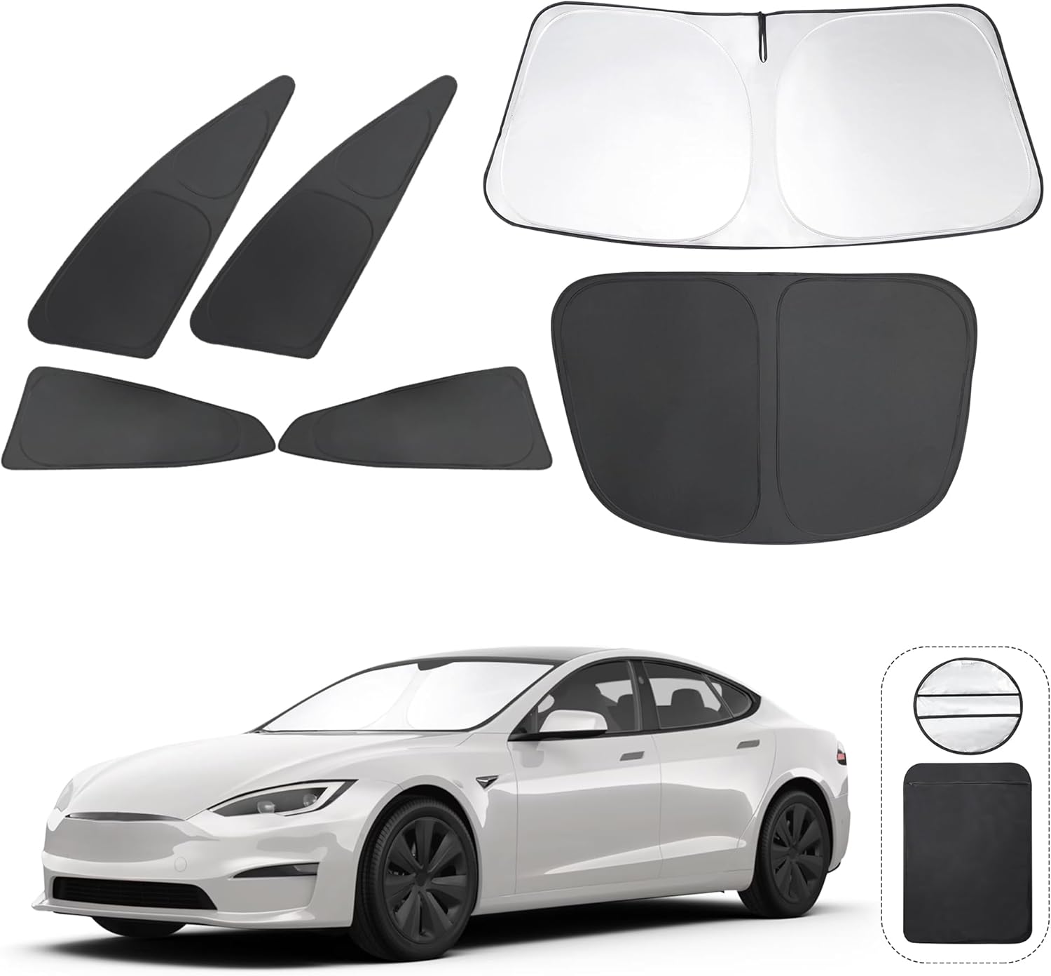 6PCS Windshield Sun Shade Custom Fit for 2023 2024 2025 Tesla Model S Accessories Foldable Sunshade Side Rear Window Shade Cover Full Set Privacy Protection Keeps Car Cool