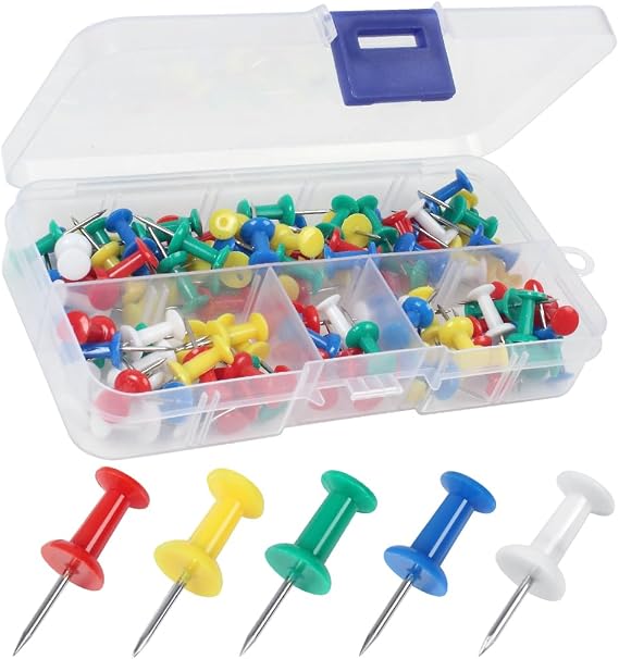 Push Pins, 100 Pcs Reusable Drawing Pins with Solid Plastic Storage Box, Rustproof Thumb Tacks for Cork Notice Pinboard Bulletin Board - School & Office Use (Multicolor)