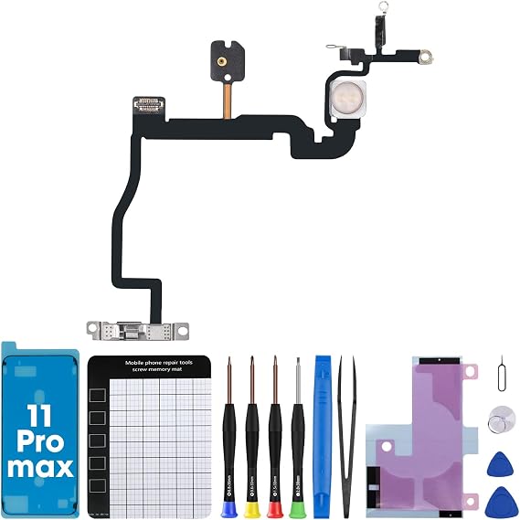 for iPhone 11 PRO Max Power Button Flash Light Flex Cable Replacement OEM On/Off Control Fix Mic Flashlight Switch Assembly Metal Bracket Repair Complete Tools Kit 11Promax A2161 A2220 A2218