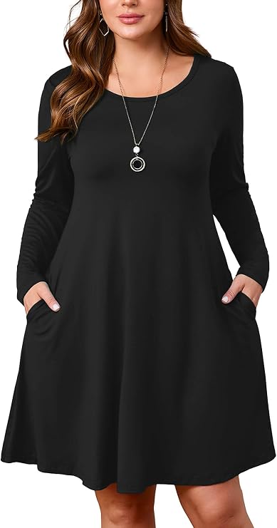AusLook Women's Plus Size Long Sleeve Dress Above Knee A-Line Dress with 2 Side Pockets Crew Neck Flowy Fall Dress 1X-5X