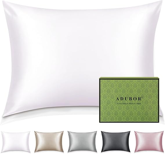 Adubor 100% Silk Pillowcase - Mulberry Silk Pillow Cases, 22 Momme 6A Grade Fibers, Silk Pillow Case for Hair and Skin Health, with Hidden Zipper (Standard 20''26'', White, 1PC)