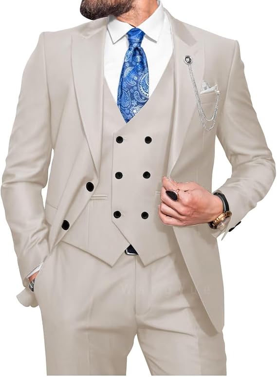 Men Double Breasted Suit 3 Piece Slim Fit Suits Elegant Peak Lapel 2 Button Blazer Vest Pants Sets Men's Suits
