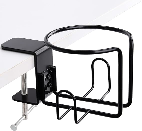 Large Desk Cup Holder, Clip On Table Cup Holder, Anti-Spill Drink Holder for Lawn Chair, Horizontal or Vertical Mount, Pack of 1, Black