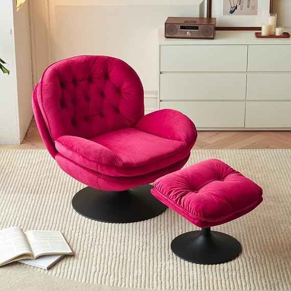 Velvet Swivel Accent Chair with Ottoman Set, Modern Lounge Chair with Footrest, Comfy Armchair with 360 Degree Swiveling for Living Room, Bedroom, Reading Room, Home Office (Bright Red)