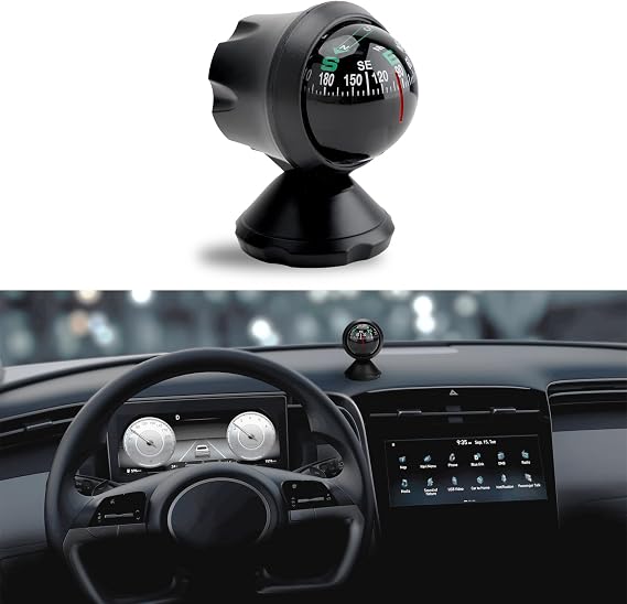 Car Compass, Vehicle Compass, Dash Mount Adjustable Compass Ball with Bottom Stick, Universal Car Accessories Navigation Hiking Direction Pointing Guide Ball Fit for SUV, Truck, RV