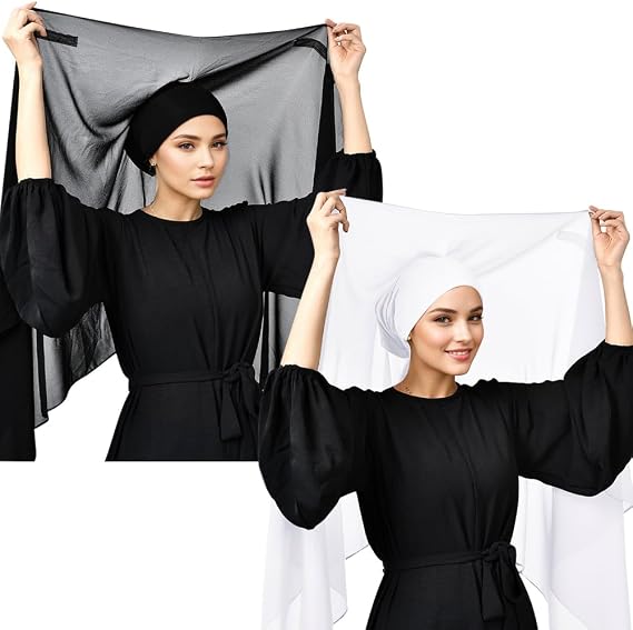 2Pcs Women Instant Chiffon Hijab with Built-in-Magnet and Undercap