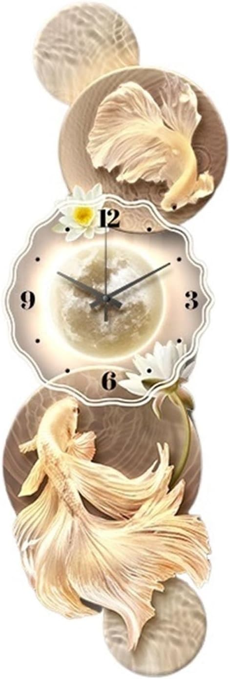 Decorative Painting with Clock Large Wall Clock Decor with Adjustable Lamp and Remote Control for Living Room, Big Wall Art Hanging Clocks Moon Fish Wall Lamp Sculpture for Bedroom Office Wall Lamp(Br