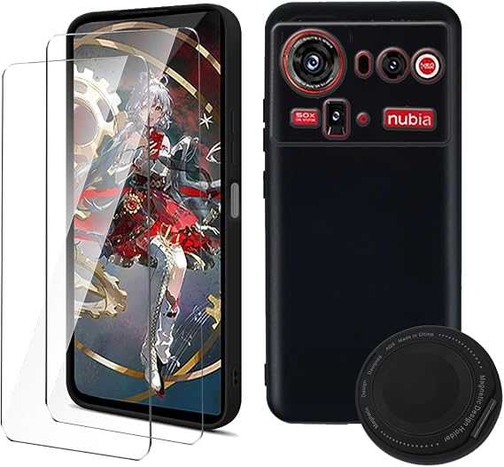 Case for ZTE nubia Z80 Ultra Phone Case with 2x Tempered Glass Screen Protector + 1x 360° Ring Stand, Compatible with MagSafe, Black Soft Silicone TPU, Anti-Drop Protective Cover