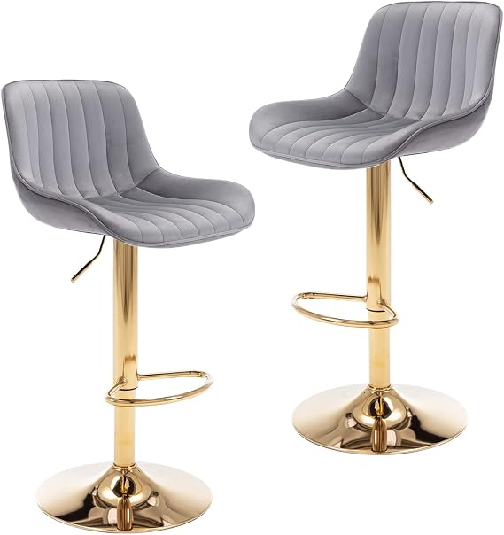 Velvet Bar Stools Set of 2, Adjustable Counter Height Bar Stools with Back and Footrest, Gold Swivel Bar Stools Set of 2 for Kitchen Island, Bar, Cafe (Grey)