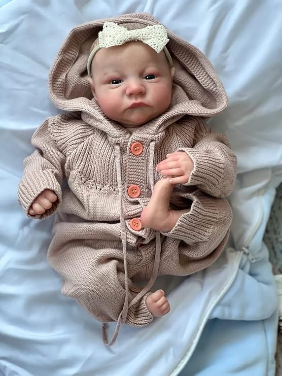Anano 19 Inch Reborn Doll Open Eyes Levi Soft Slicone Baby Boy with Handcrafted Newborn Baby Girl Handmade Long Sweater Hair Band Real Life Newborn Preemie Nurturing Accessory Birthday Gift (Pink)