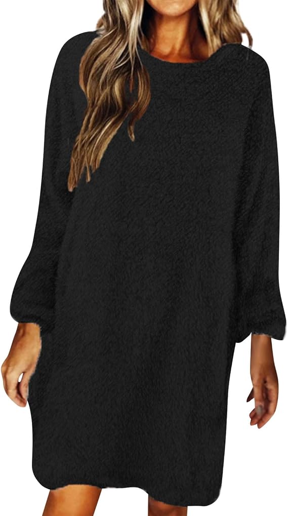 Long Dresses for Women Crewneck Oversized Sweatshirt Dress Casual Fuzzy Fleece Long Sleeve Dress Tops Comfy Winter Clothes Soft Sweater Dress B-Black