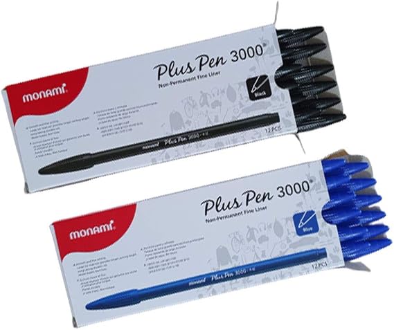 monami plus pen 3000, Non-permanent fine liner Water Based Ink Color Pen 24pcs (Black 12pcs + Blue 12pcs)