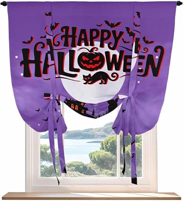 Happy Halloween Tie Up Curtains for Window, Pumpkin Witch Castle Cat Tree Purple Black Thermal Insulated Balloon Shade Adjustable Rod Pocket Curtains Valance for Kitchen Bathroom Cafe 42 x 54