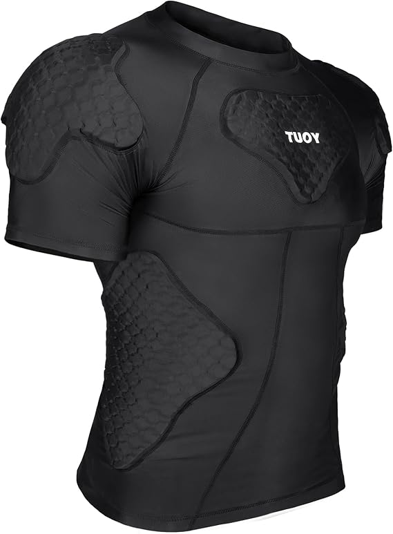 Men's Padded Shirt Football Chest Rib Protector Heart Sternum Guard Compression Shirt with Shoulder Back Rib Pads for Adult Football Basketball Baseball Softball Rugby