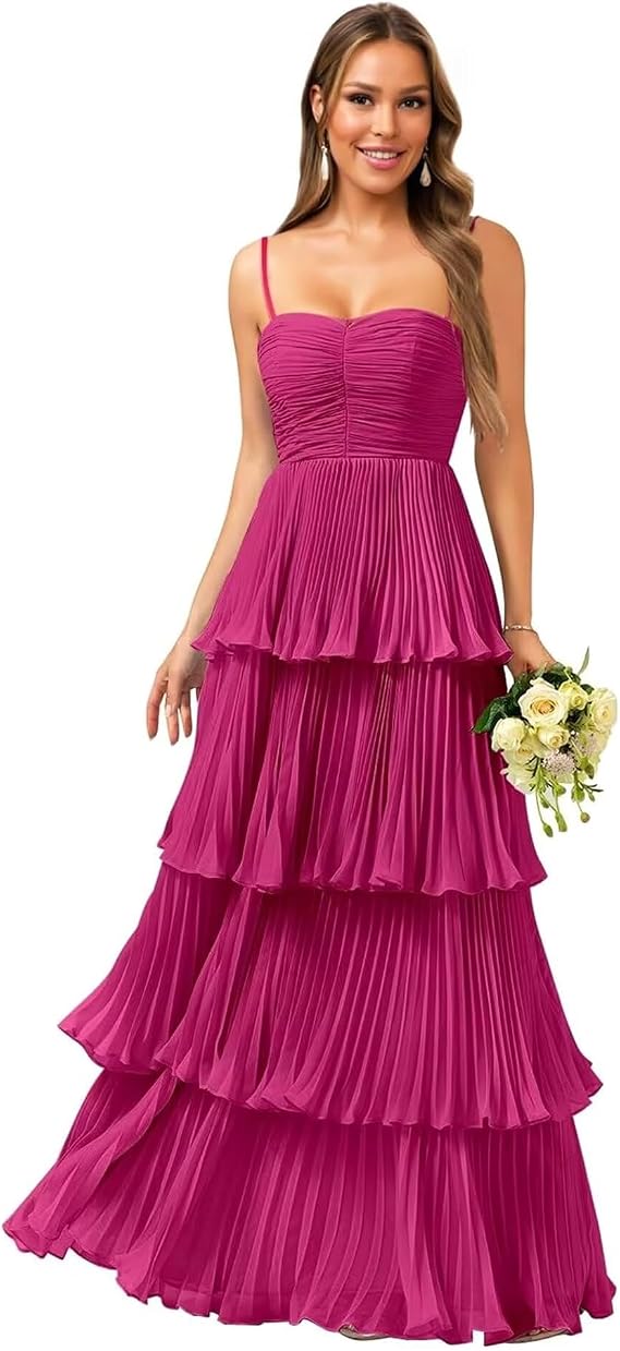 Spaghetti Straps Tiered Prom Dresses Pleated Chiffon Maxi Formal Occasion Wedding Guest Gowns Evening Party